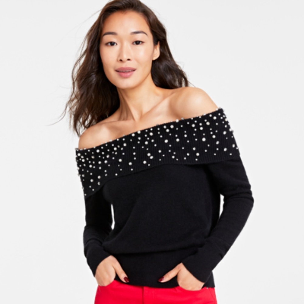 CHARTER CLUB 100% Cashmere Embellished Off-The-Shoulder Sweater in MEDIUM